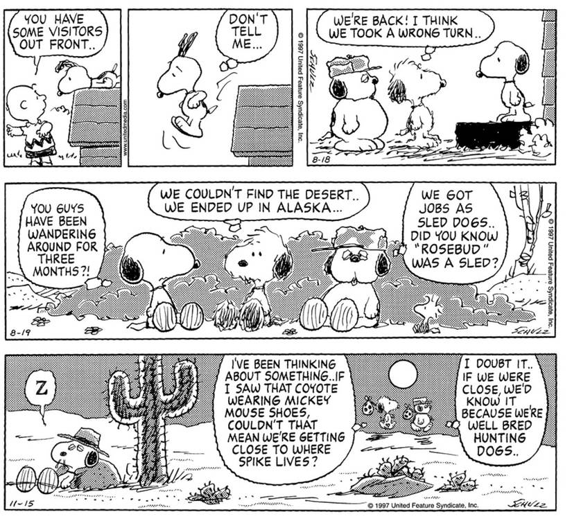 Three Peanuts strips featuring Olaf and Andy.