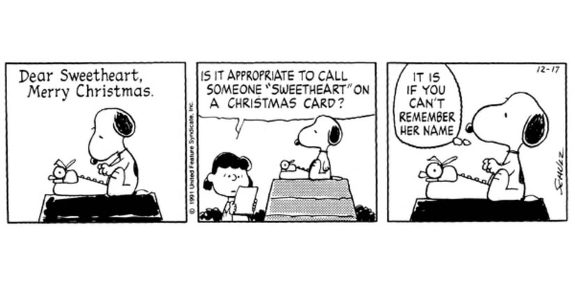 Snoopy's Christmas Card Gets an Unmistakably Snoopy Twist Peanuts comic strip
