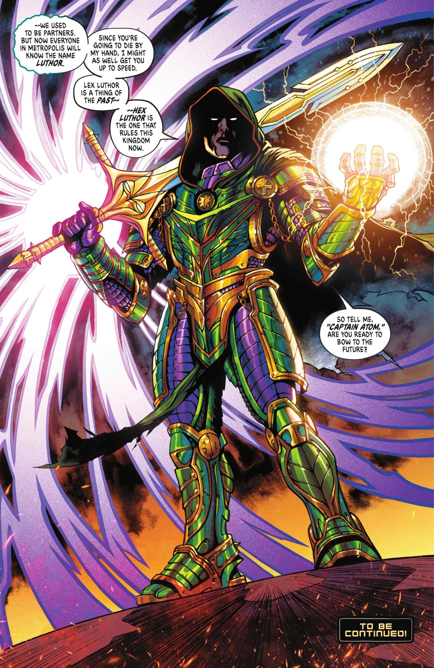 Sorcerer Lex Luthor wields Doctor Fate's helmet as a sword in Superman Father of Tomorrow #4