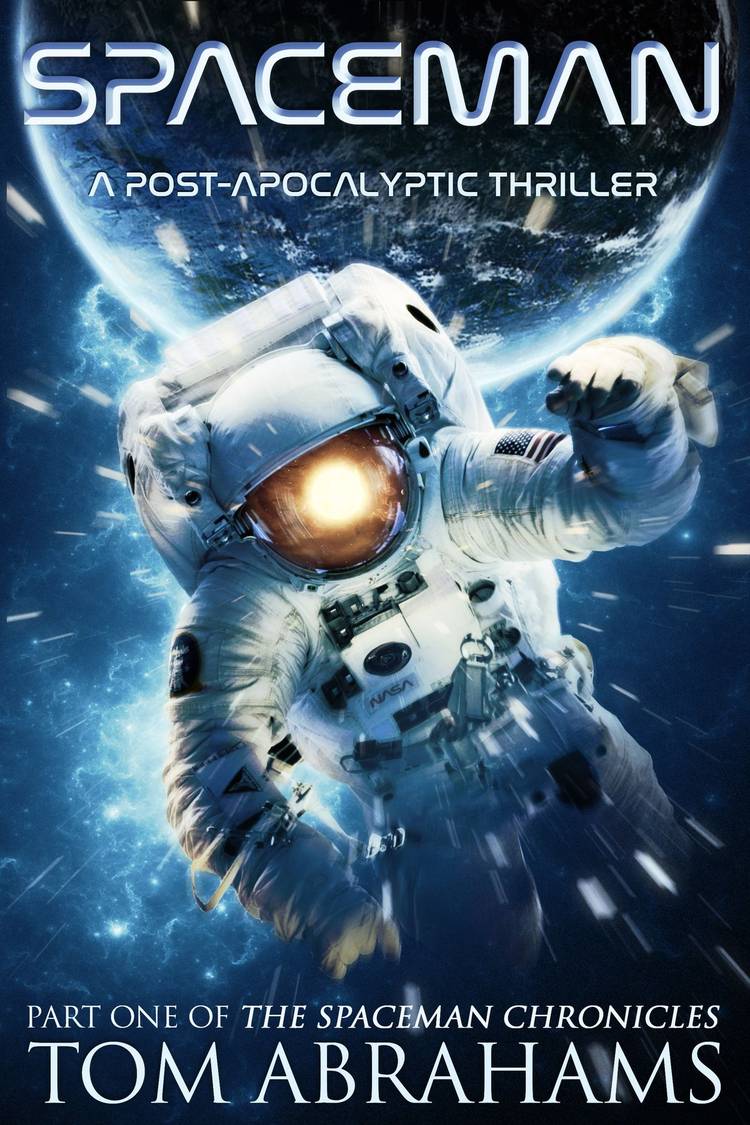 SpaceMan by Tom Abrahams book cover shows an astronaut falling through space