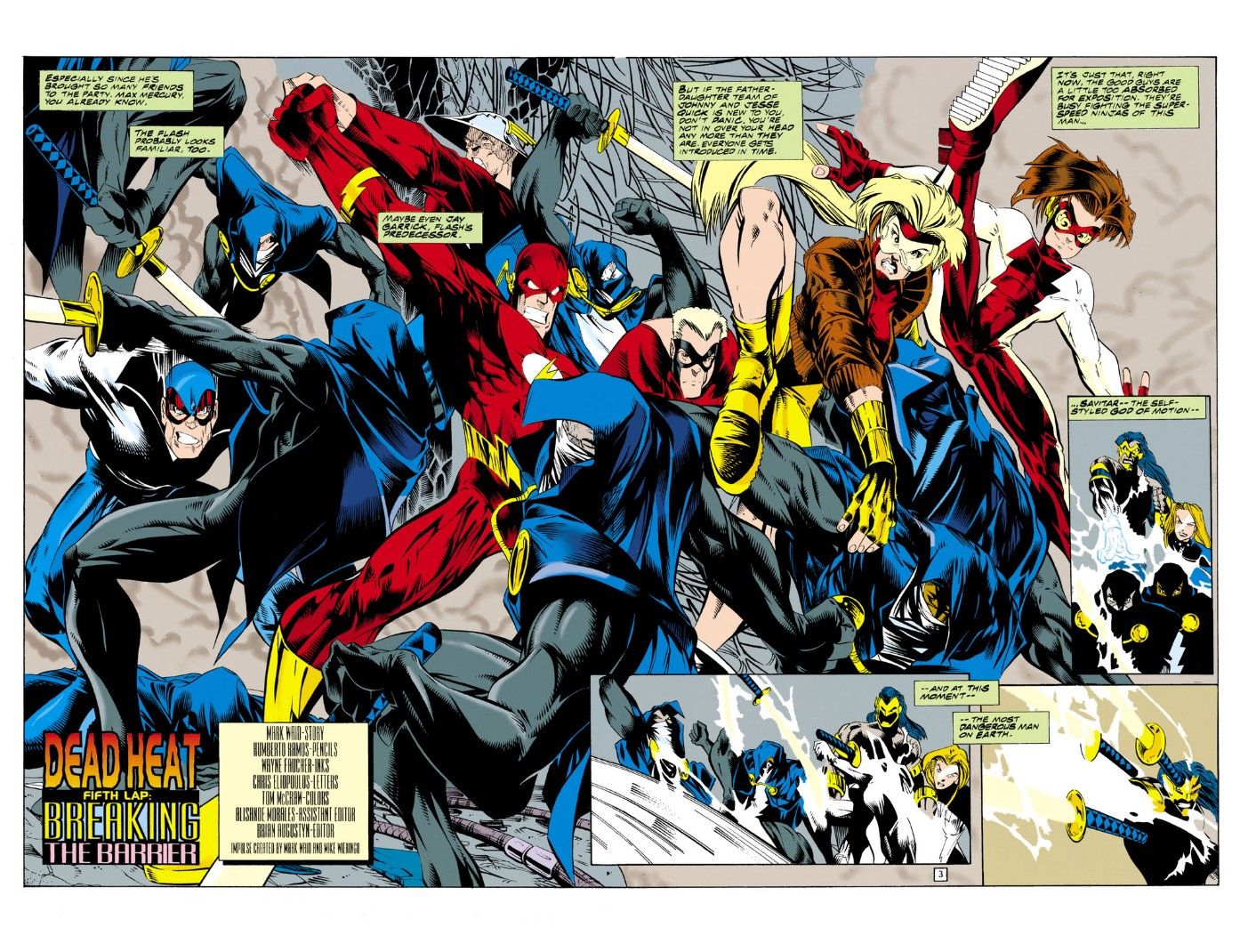 A two=page spread from Flash: Dead Heat showing the Flash Family facing off against Speed Ninjas.