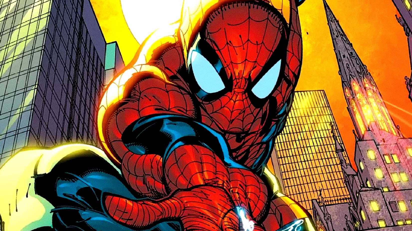 Spider-Man shoots a web in NYC in Marvel Comics art