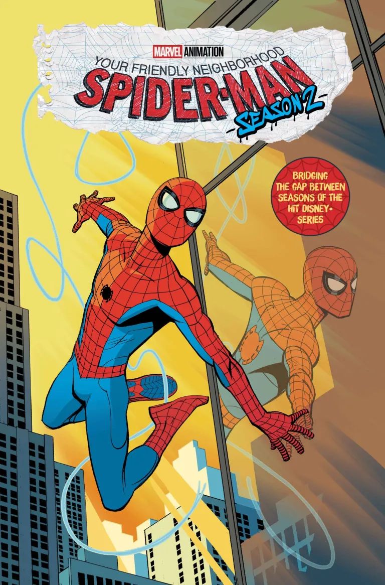 Spider-Man web-swings next to a building window in Your Friendly Neighborhood Spider-Man season 2 cover by Leonardo Romero