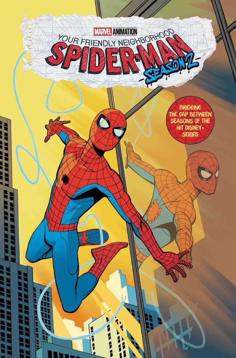 Spider-Man web-swings next to a building window in Your Friendly Neighborhood Spider-Man season 2 cover by Leonardo Romero