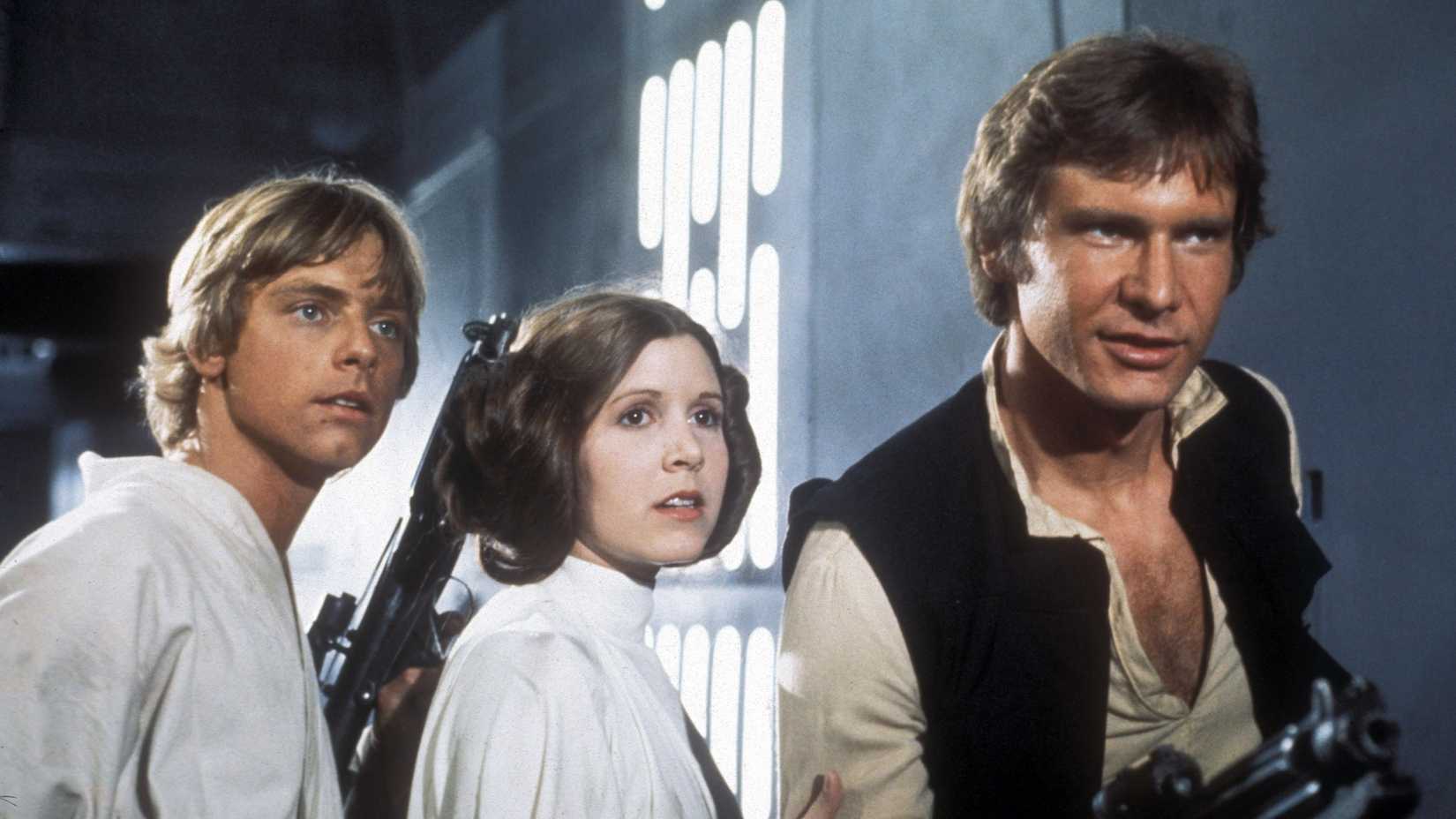 Luke, Leia, and Han in a Death Star corridor