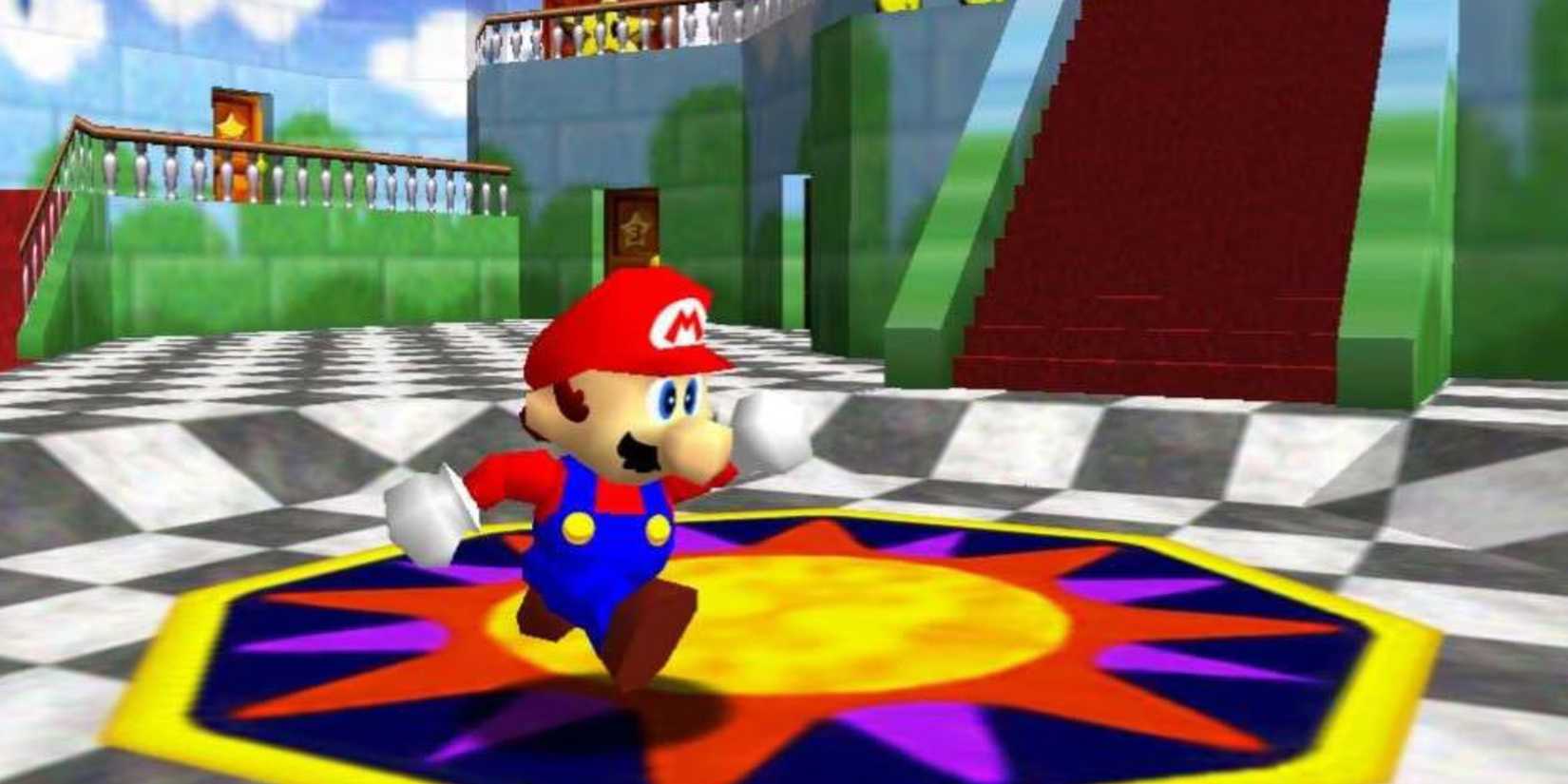 Super Mario 64 running through the castle hall