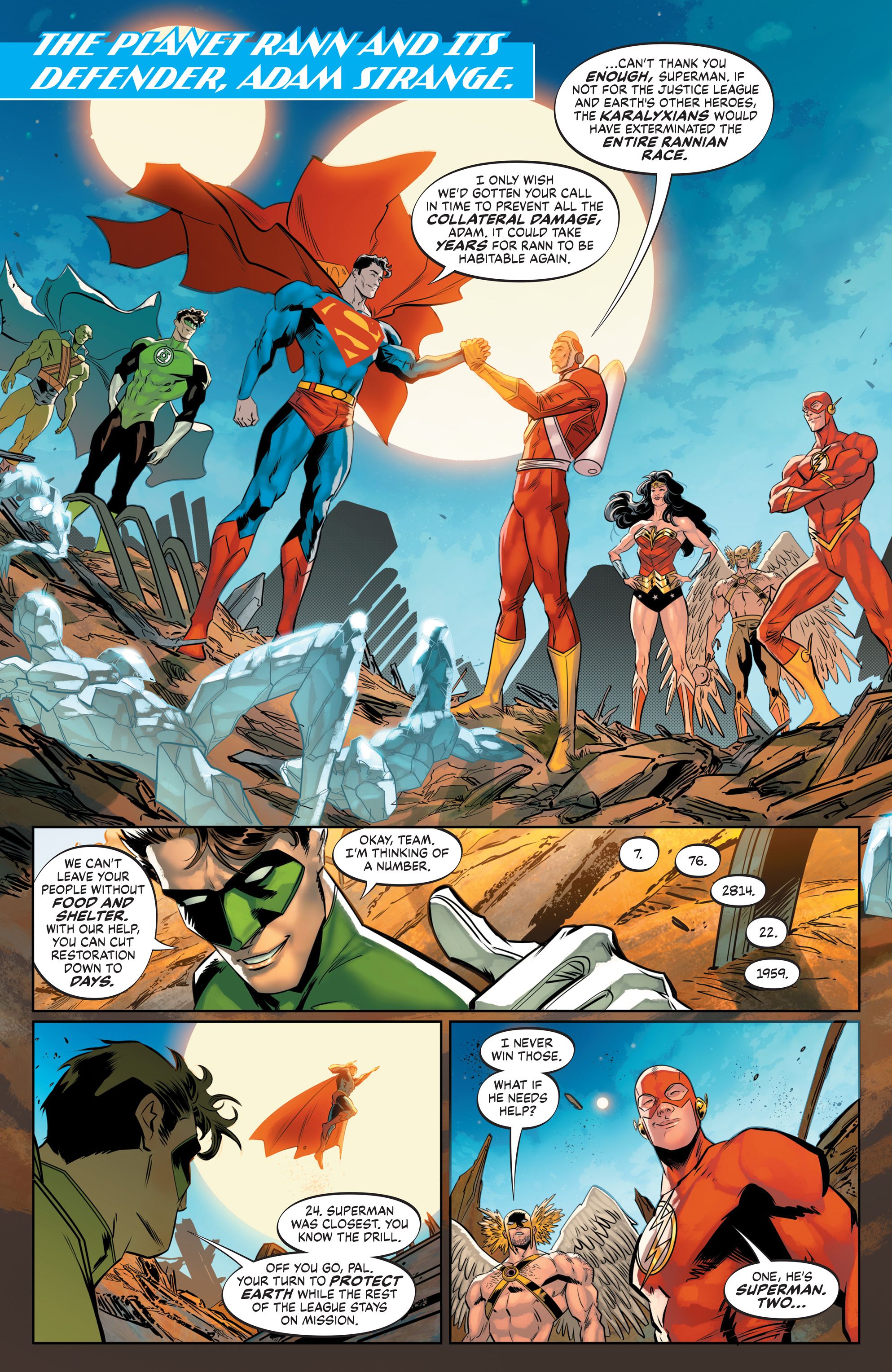 Superman and Adam Strange shake hands in Batman Superman World's Finest #55