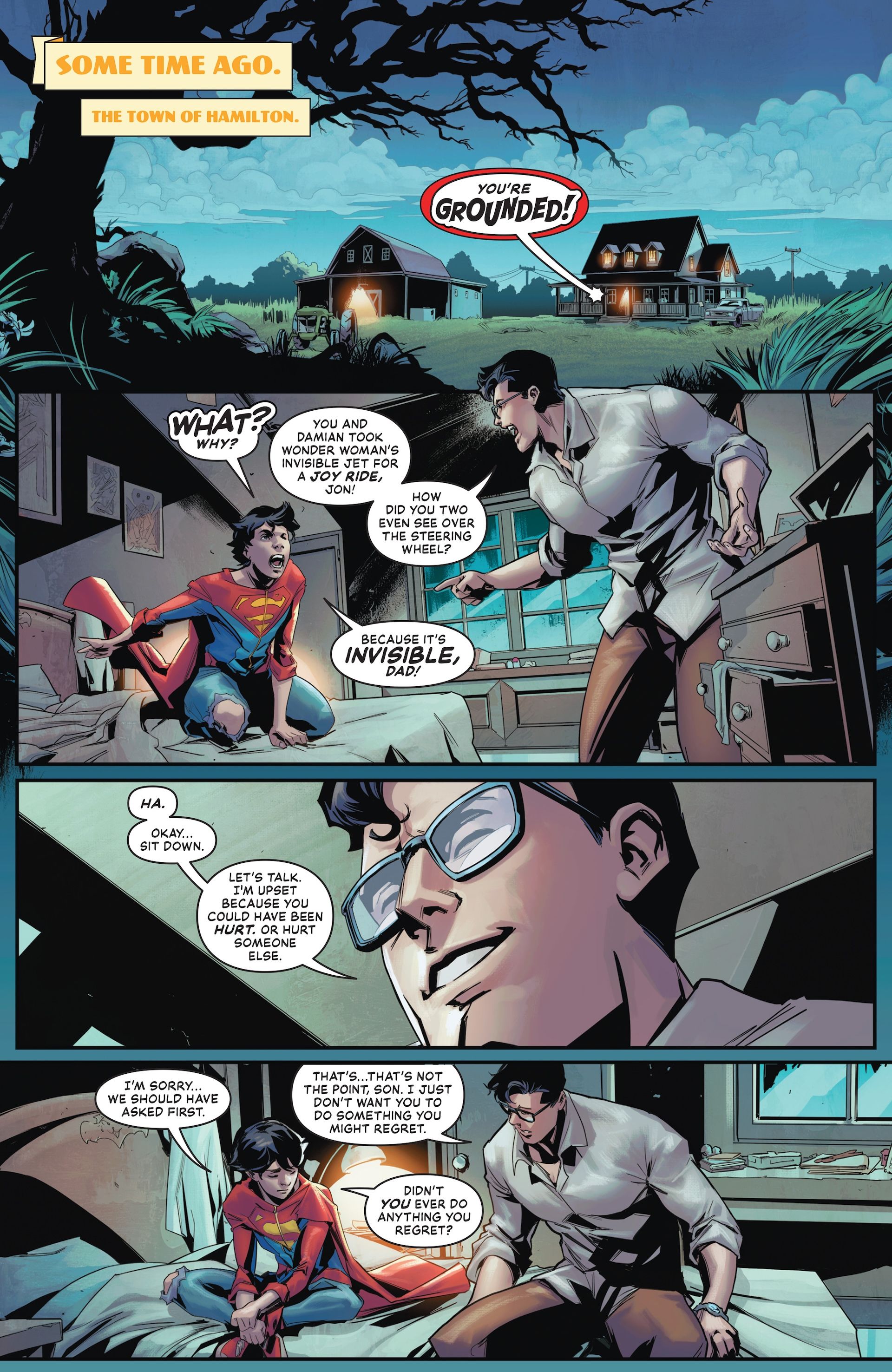 Clark Kent grounding Jon Kent as a boy for him and Damian stealing Wonder Woman's invisible jet