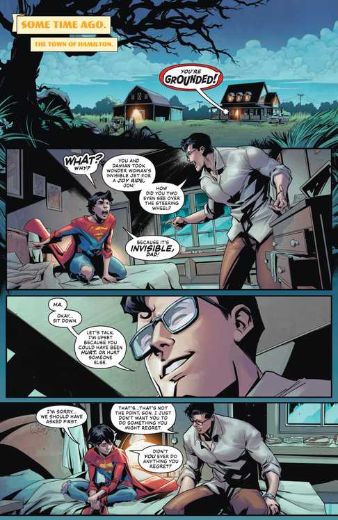 Clark Kent grounding Jon Kent as a boy for him and Damian stealing Wonder Woman's invisible jet