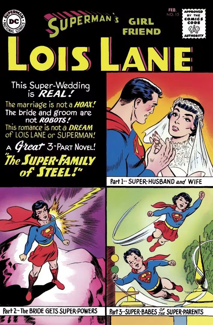 The cover of Superman's Girlfriend Lois Lane #15, showing three panels that depict Superman and Lois Lane's wedding and their lives together.