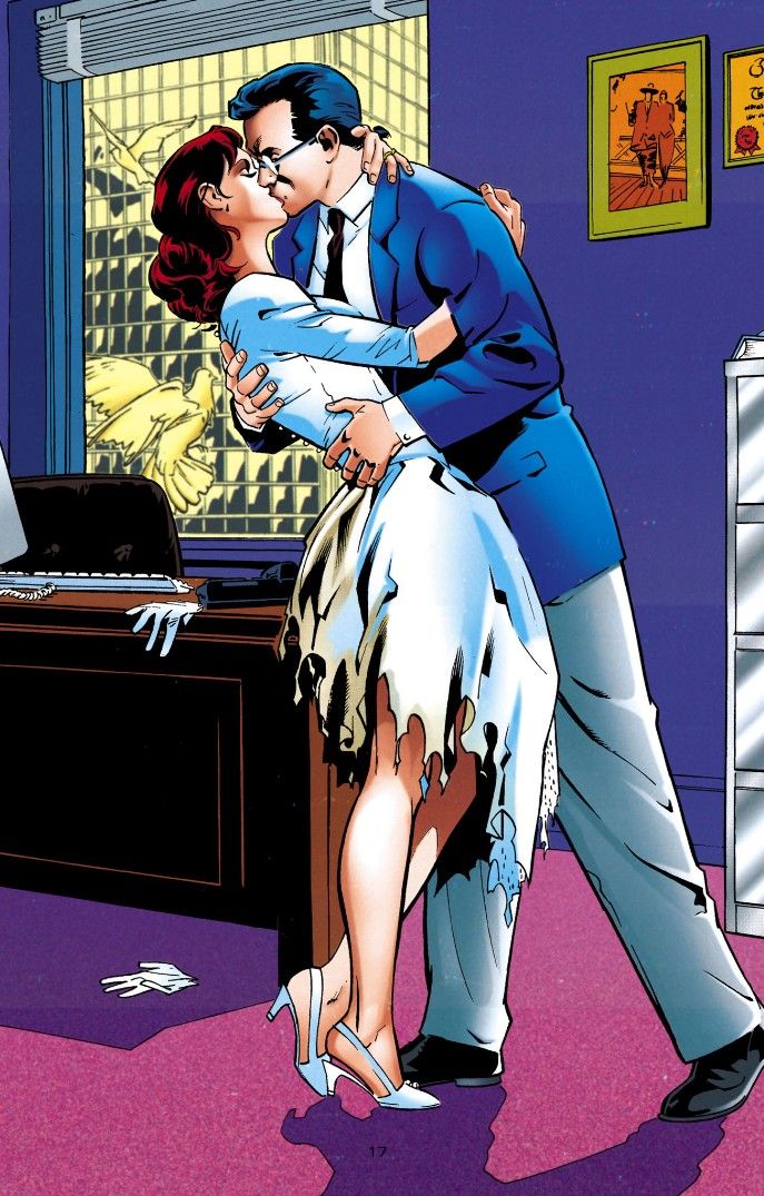 A splash page from Superman: The Wedding Album showing Lois in a tattered wedding dress kissing Clark.