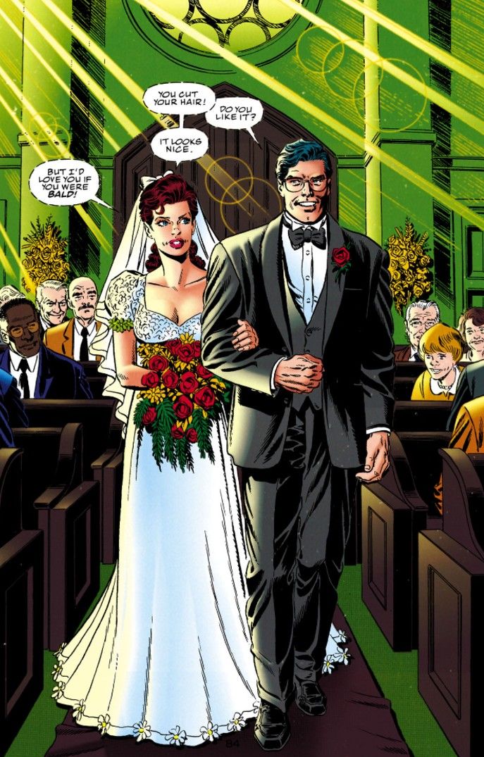 A splash page from Superman: The Wedding Album showing Lois Lane and Clark Kent walking down the aisle together.