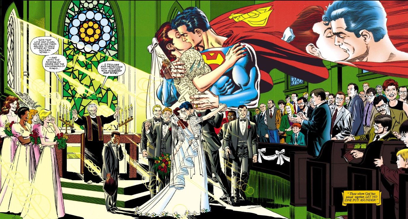A two-page spread from Superman: The Wedding Album showing Lois and Clark at the church altar sharing their first kiss as husband and wife as the wedding attendees clap.