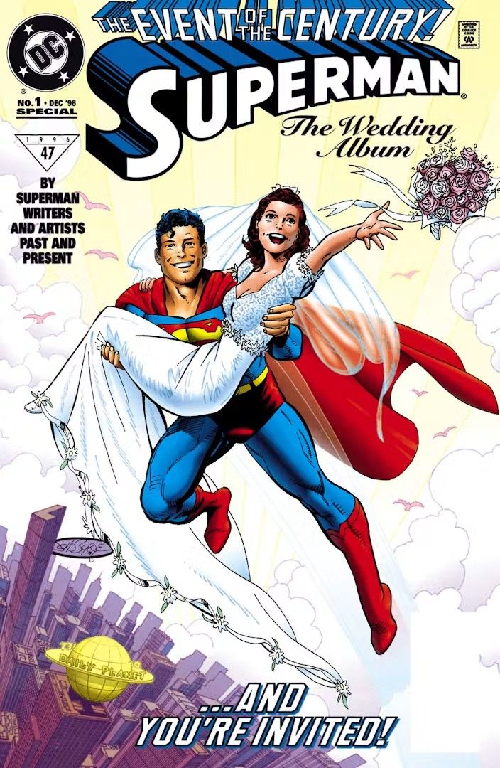 The cover of Superman: The Wedding Album showing Superman carrying Lois Lane in her wedding dress.