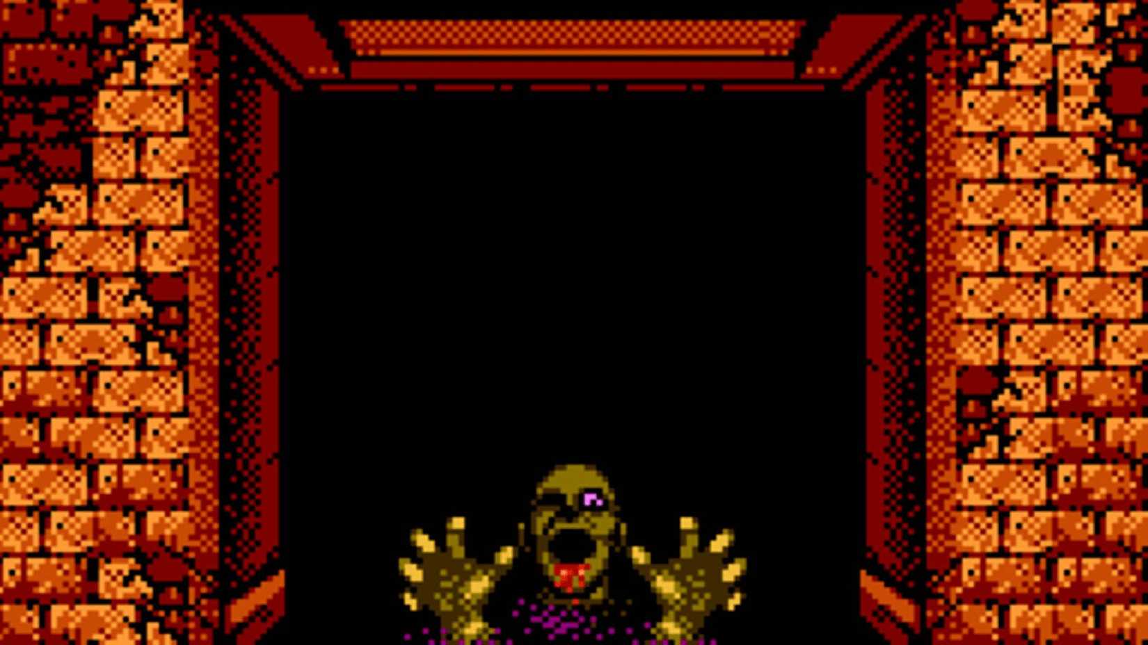 A zombie coming out of a door in Sweet Home NES. 