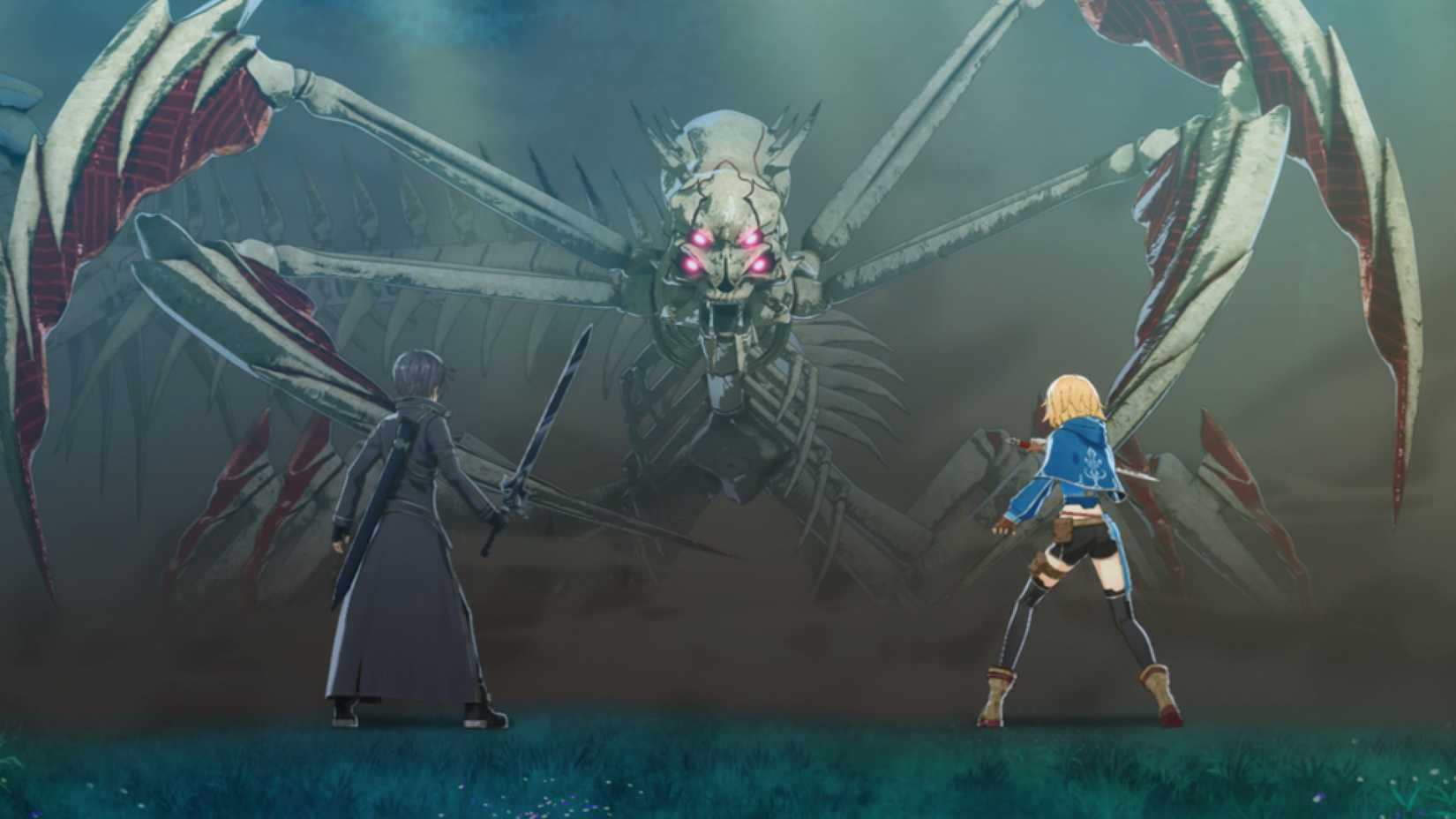 Sword Art Online Hollow Fragment two characters facing off against giant spider like monster