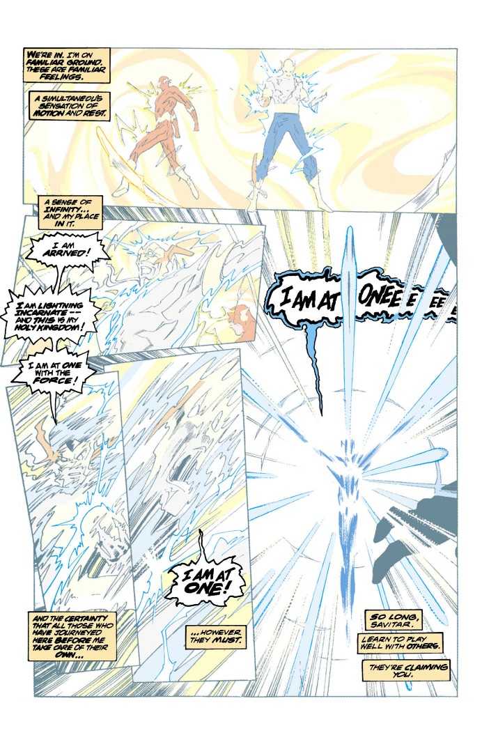 A page from Flash: Dead Heat showing Savitar becoming one with the Speed Force and finding inner peace.