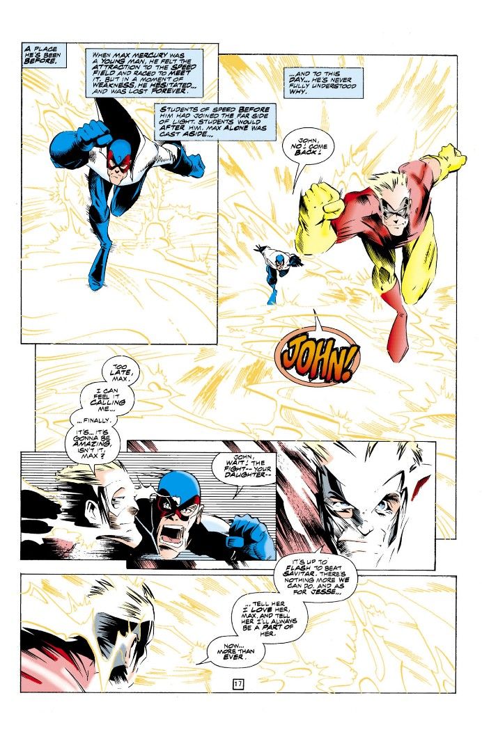 A page from Flash: Dead Heat showing Johnny Quick getting close to breaking through the Speed Force. Max Mercury chases behind him, begging Johnny to stop before it is too late.