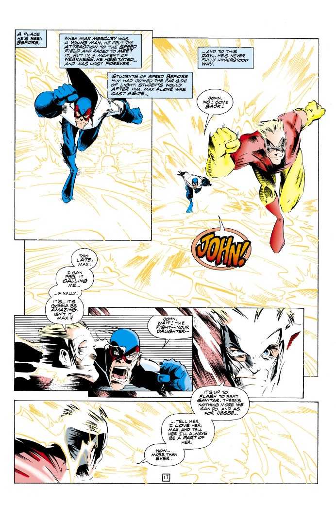 A page from Flash: Dead Heat showing Johnny Quick getting close to breaking through the Speed Force. Max Mercury chases behind him, begging Johnny to stop before it is too late.