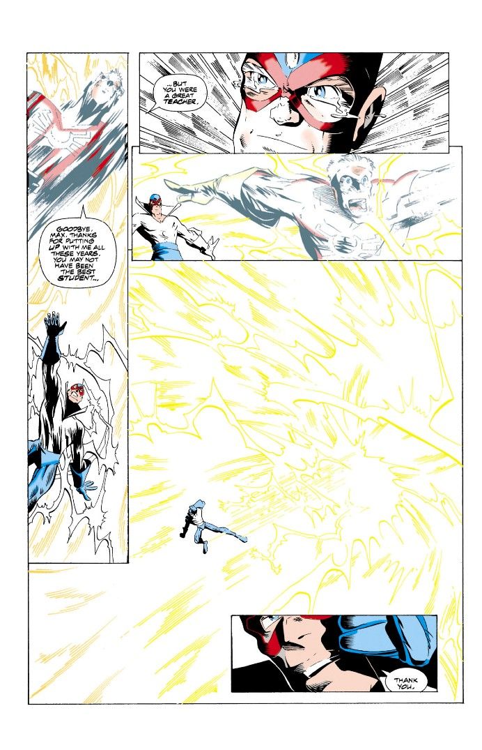 A page from Flash: Dead Heat showing Johnny Quick, full of peace, entering the Speed Force.
