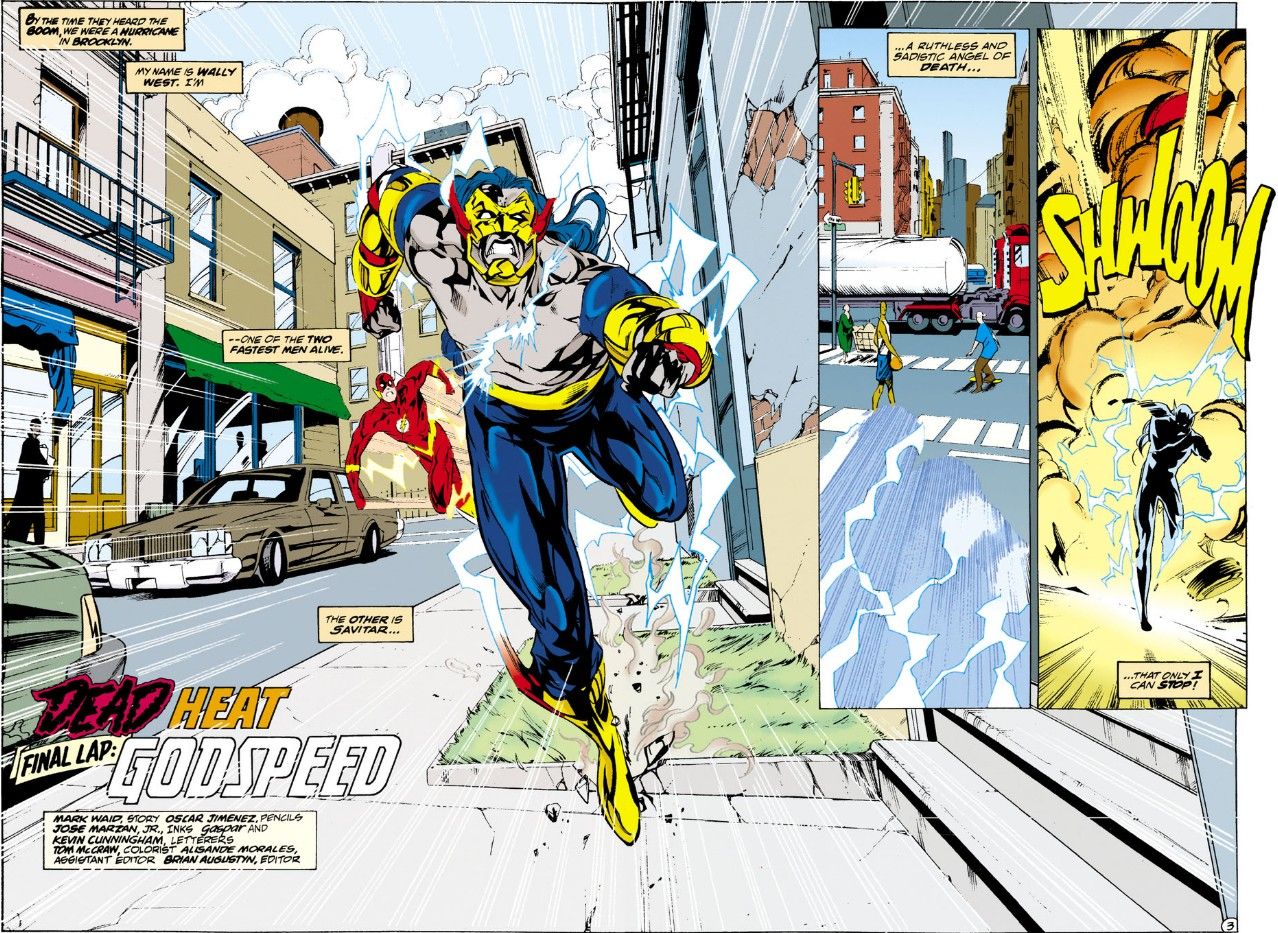 A double-page spread from Flash: Dead Heat showing Flash and Savitar racing through the streets.