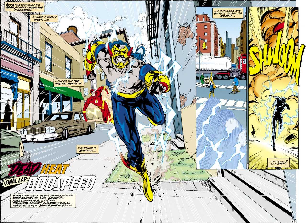 A double-page spread from Flash: Dead Heat showing Flash and Savitar racing through the streets.