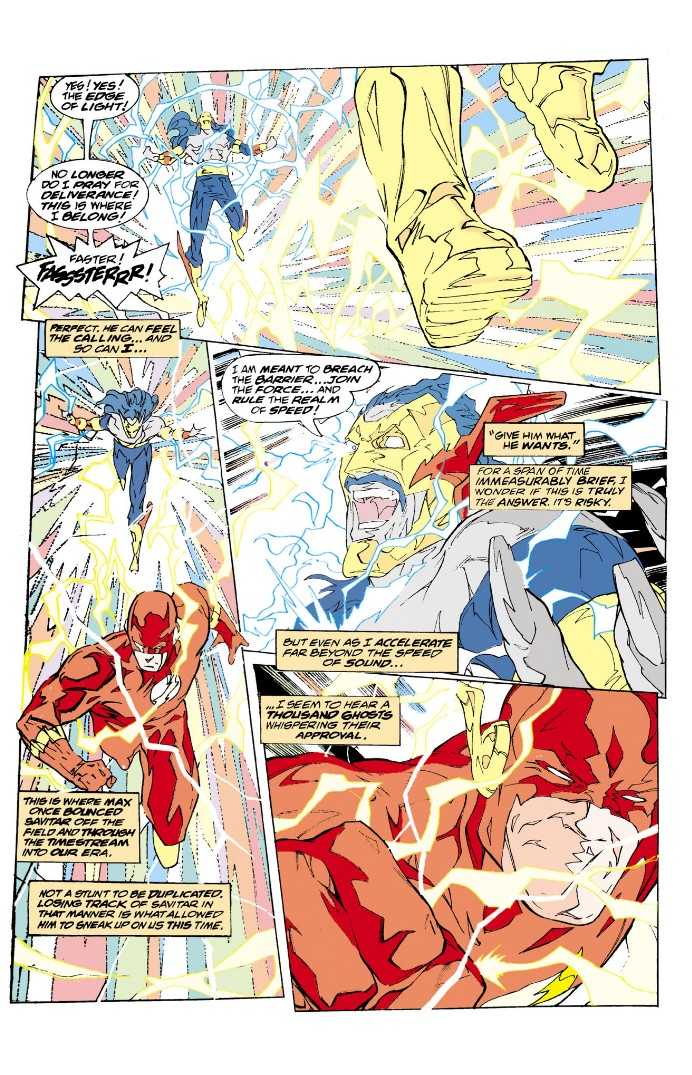 A page from Flash: Dead Heat showing Flash bringing Savitar into the Speed Force.