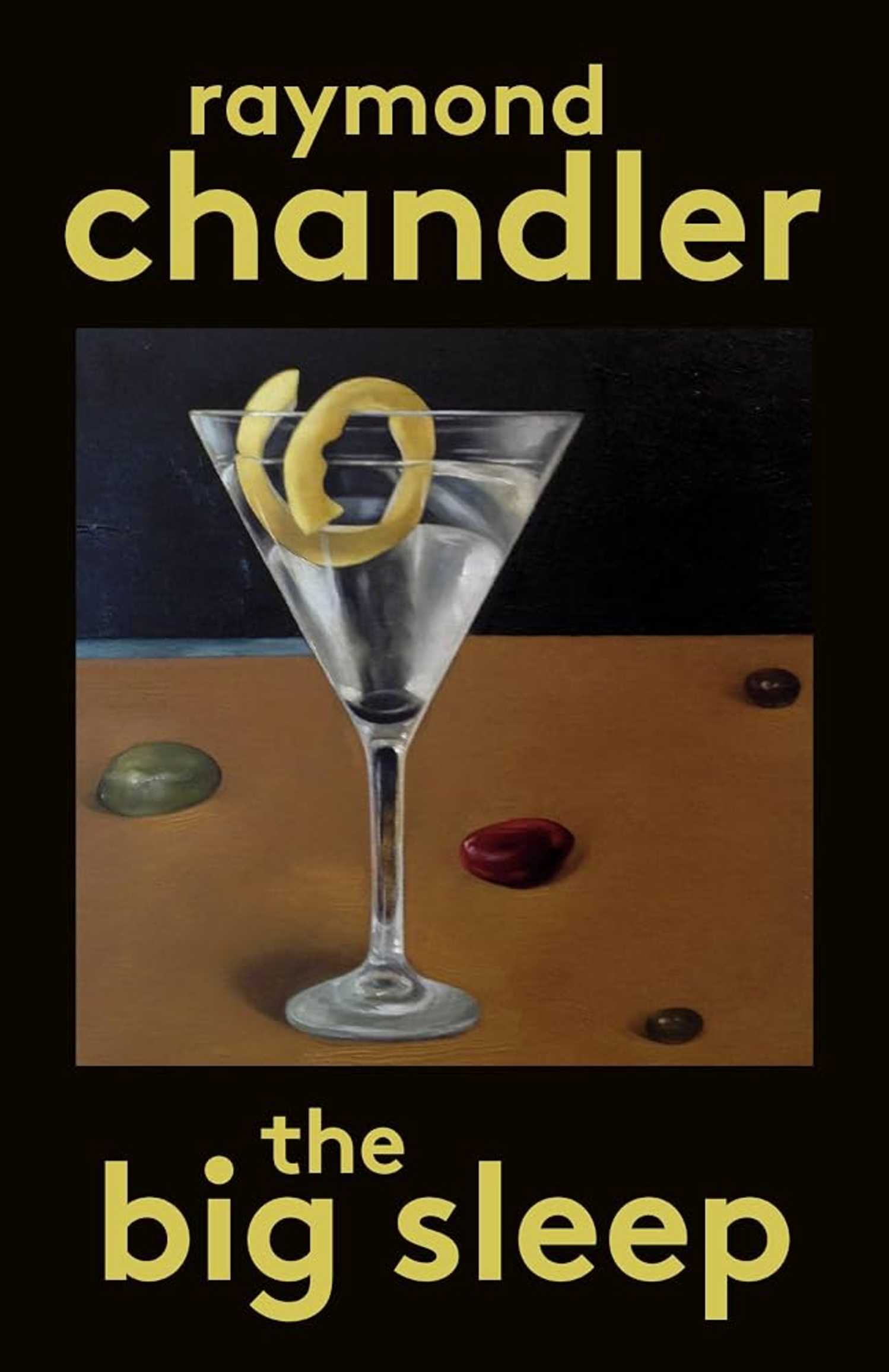 The Big Sleep book cover, a martini glass with olives in it