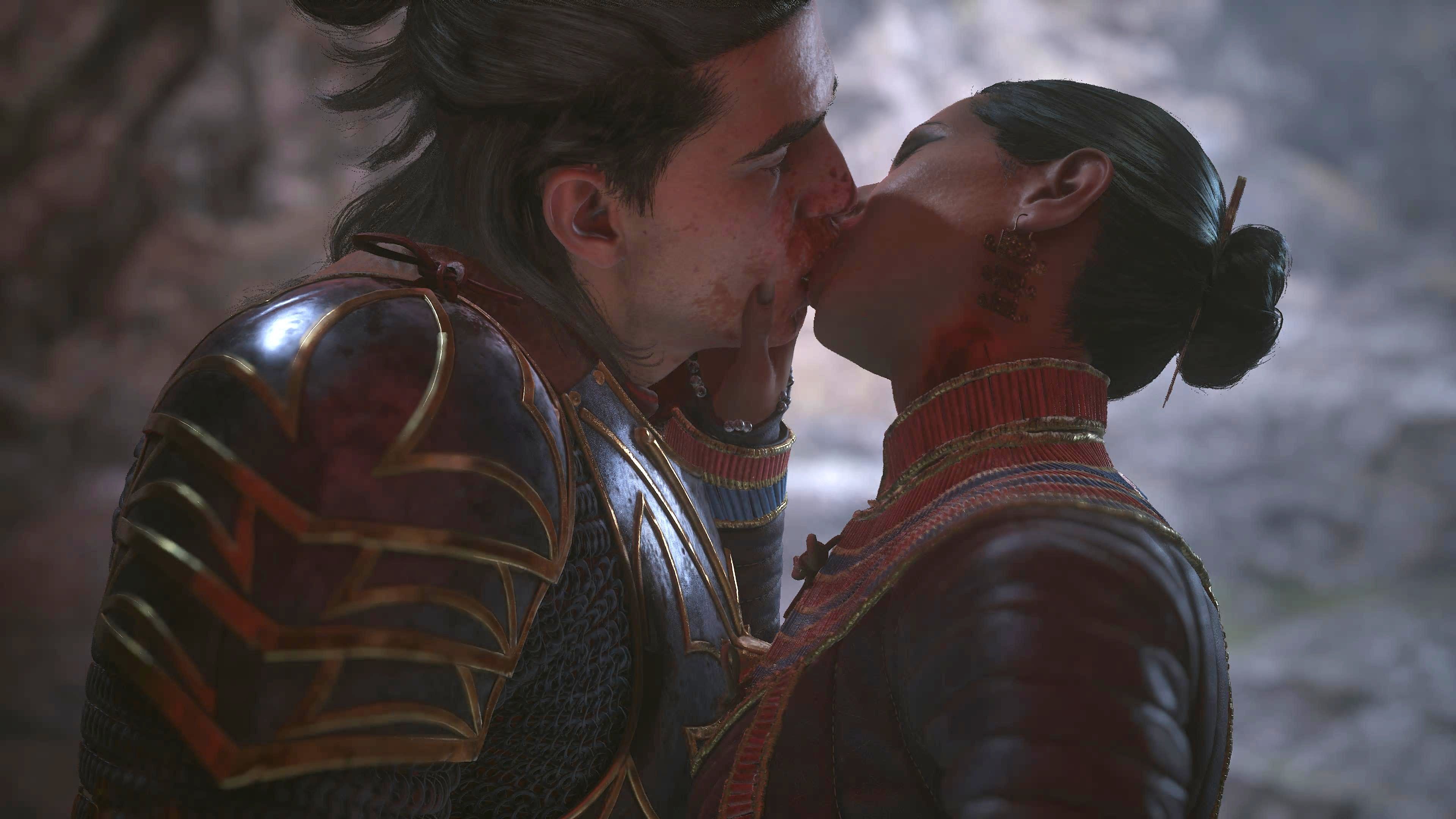 The Blood of Dawnwalker Coen and Lacra kissing bloody