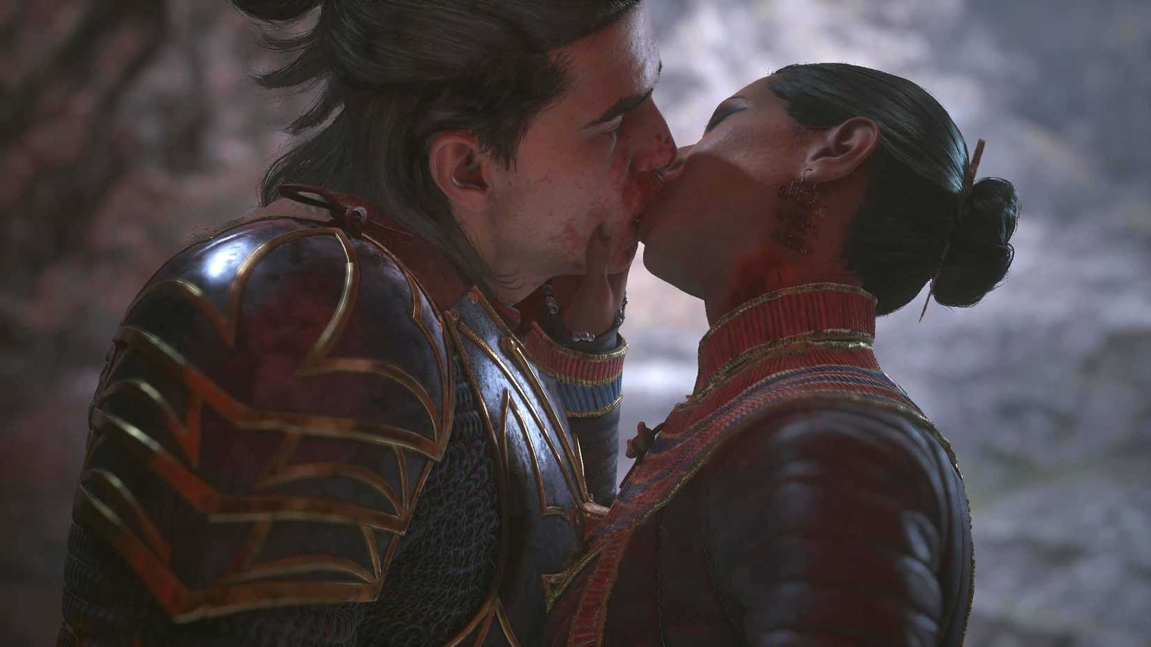 The Blood of Dawnwalker Coen and Lacra kissing bloody