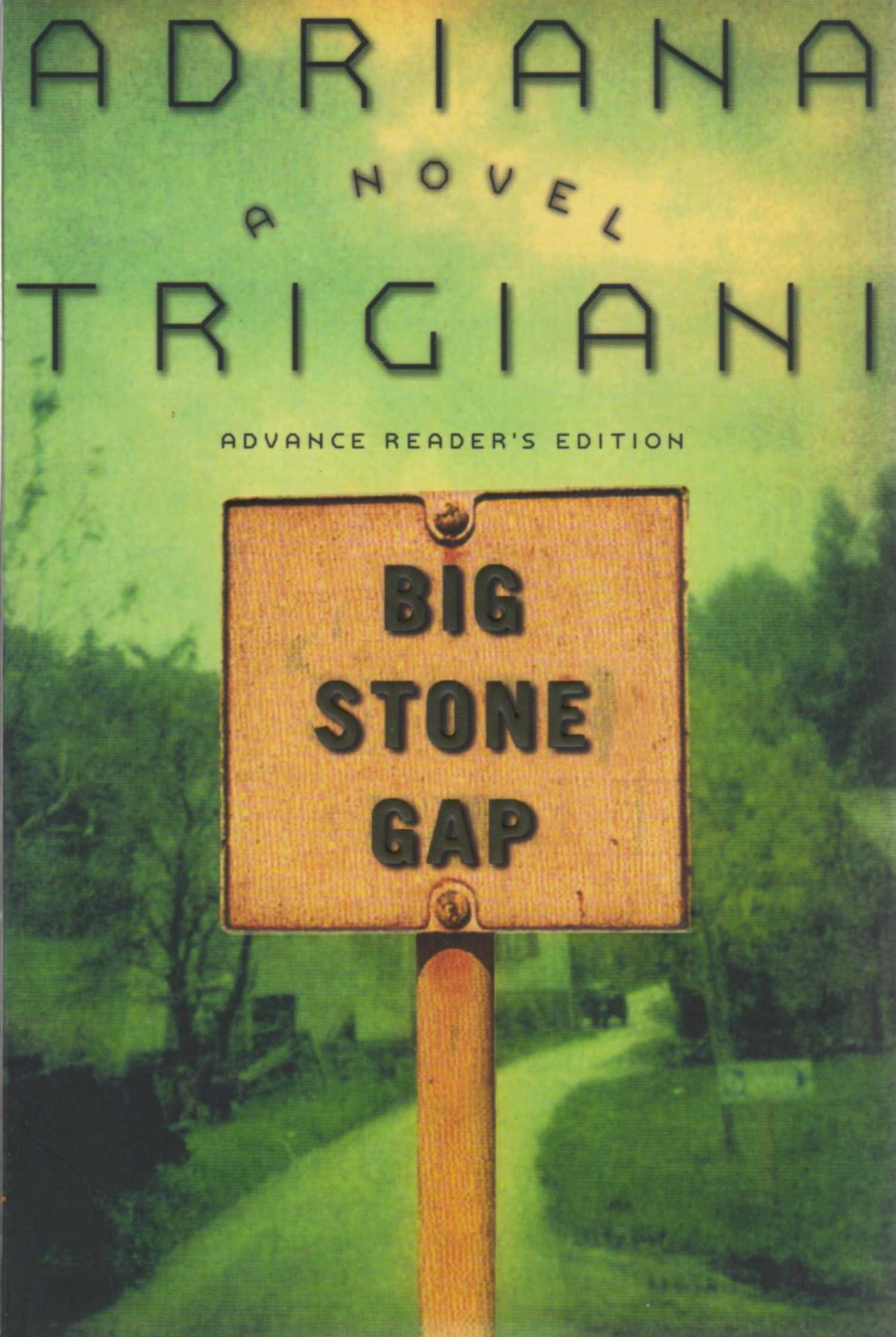 The book cover of Big Stone Gap by Adriana Trigiani shows a wooden sign with the title in front of a wooded area
