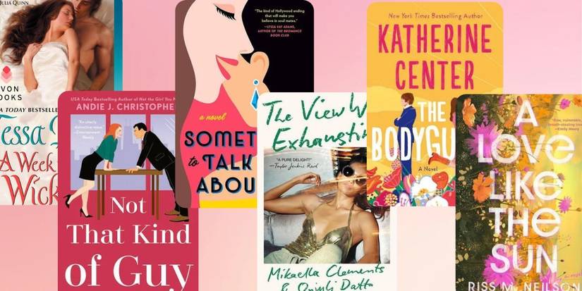 The covers of Emily Henry's fake relationship book recommendations are layered on a pink background
