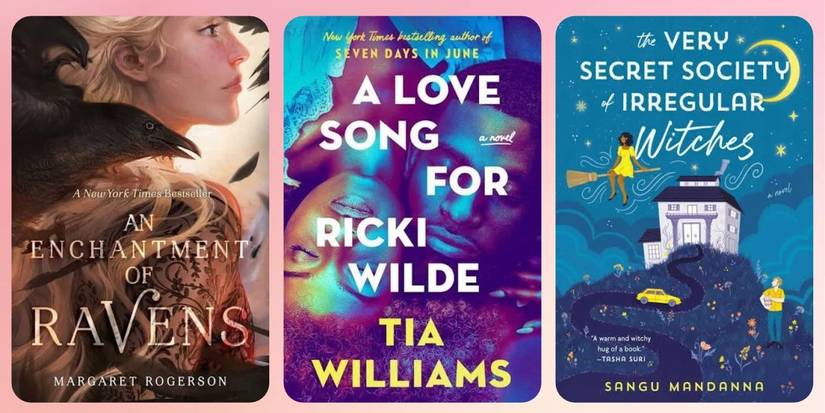 The covers of Emily Henry's fantasy romance book recommendations are layered on a pink background