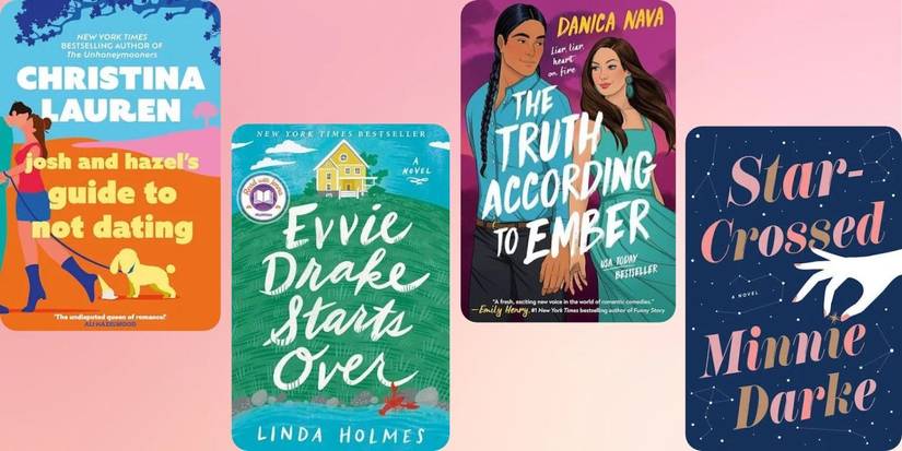 The covers of Emily Henry's friends to lovers book recommendations are layered on a pink background