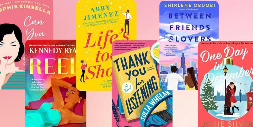 The covers of Emily Henry's miscellaneous book recommendations are layered on a pink background