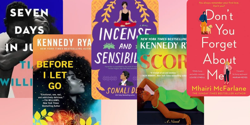 The covers of Emily Henry's second chance romance book recommendations are layered on a pink background