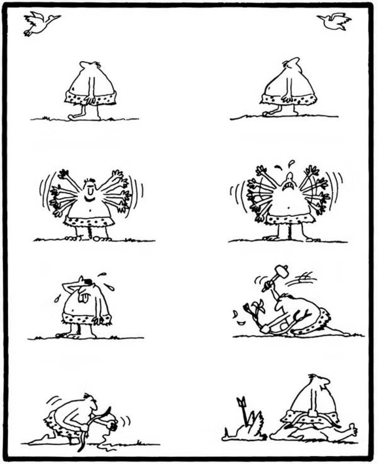The Far Side caveman kills duck out of envy