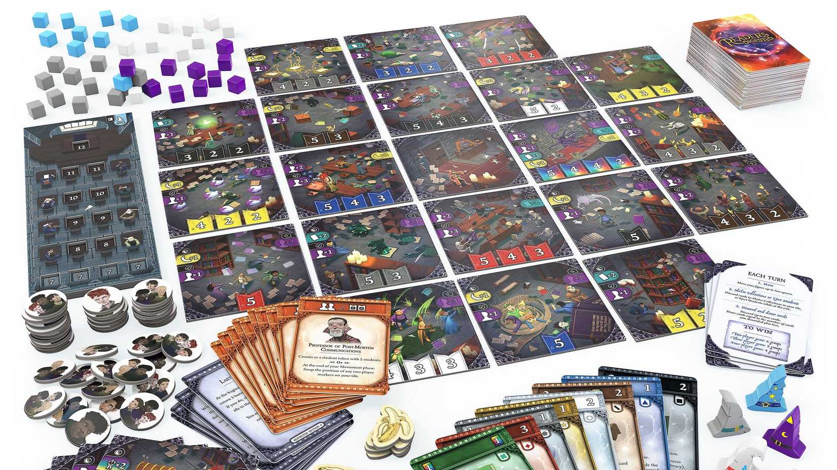 The full game of Readers Digested, featuring board pieces, cards, tokens, and other board game items.