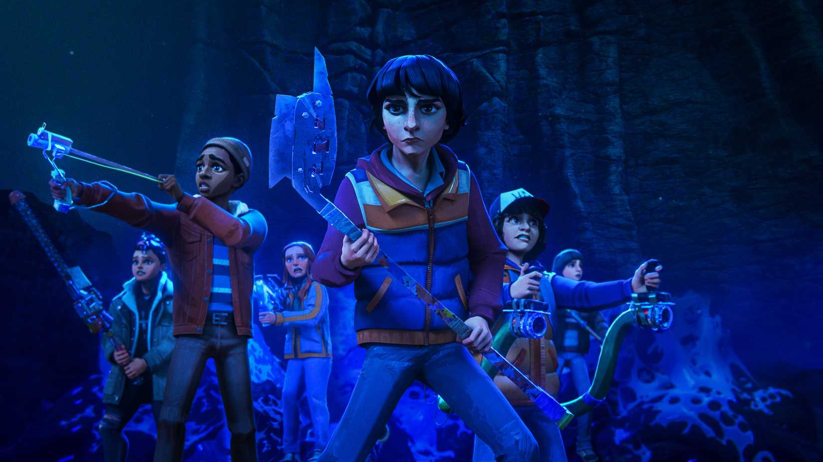 The Hawkins kids in a cave in Stranger Things Tales From '85 season 2