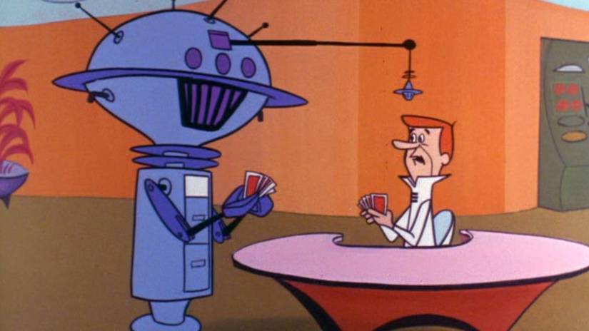 George playing cards against a robot at work in The Jetsons.