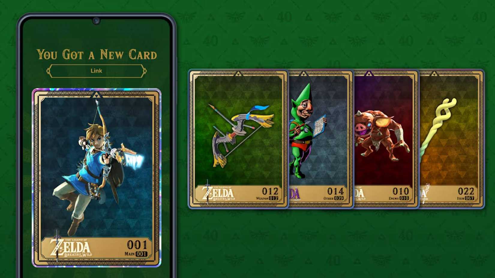 The available collectible Legend of Zelda cards on the Nintendo Today app.