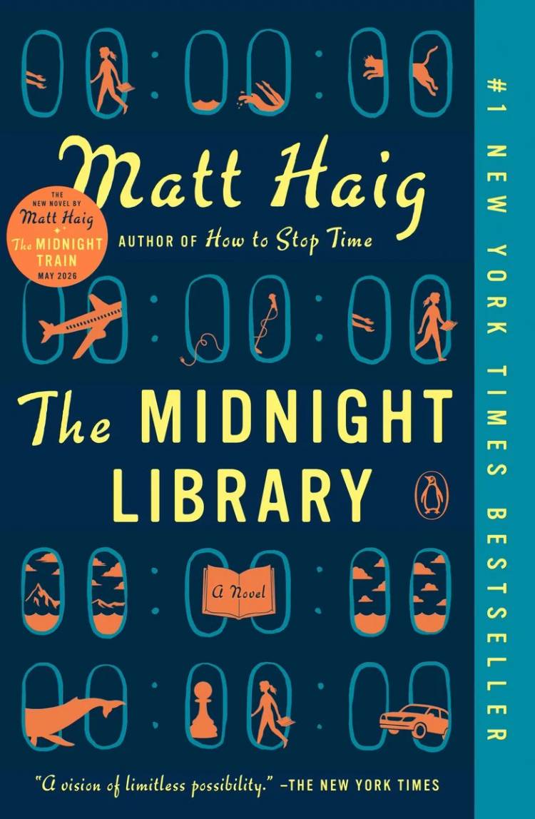 The cover of The Midnight Library by Matt Haig shows multiple windows with cars, people, and airplanes