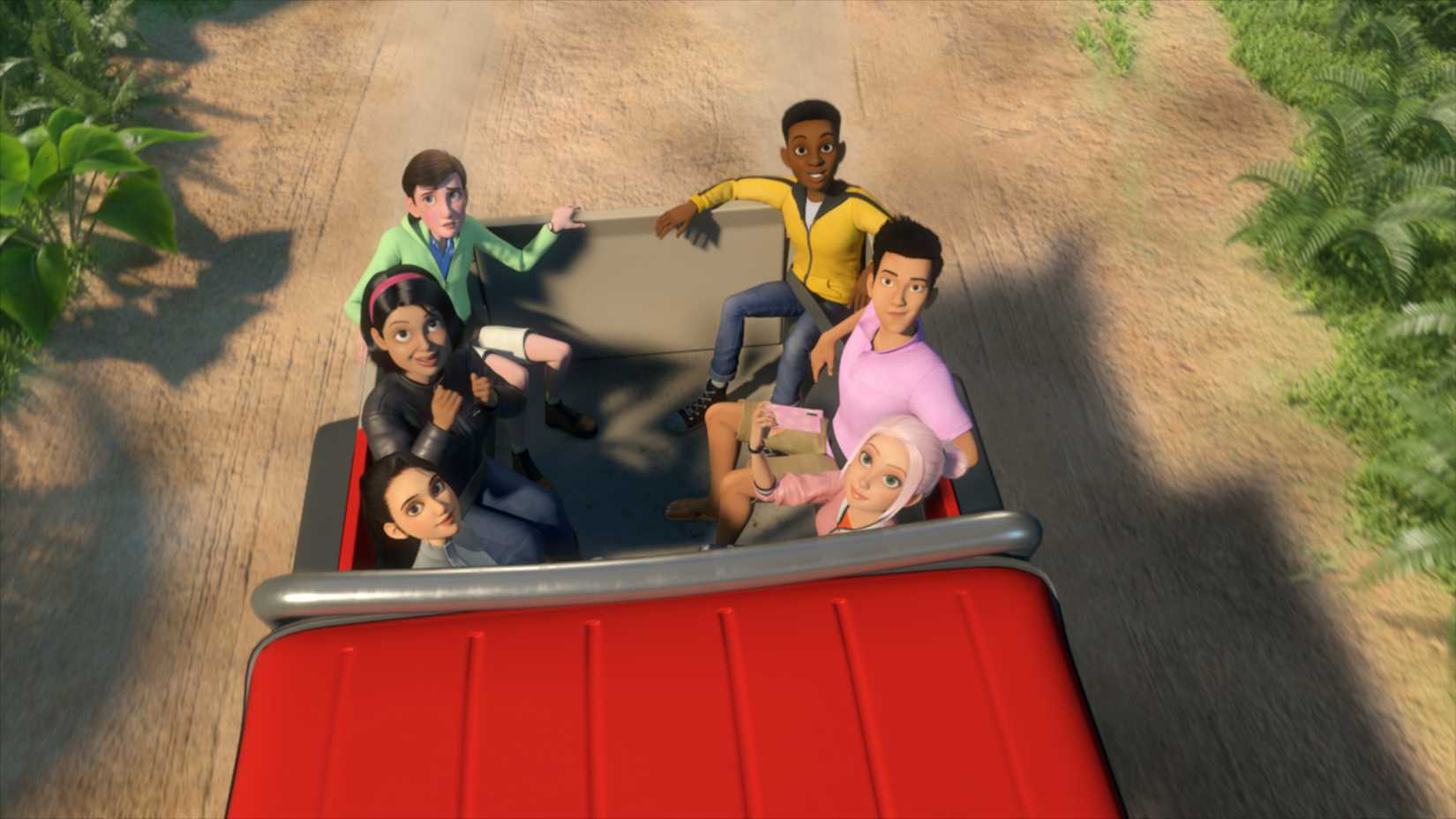 The Nublar Six is in a jeep in Jurassic World Camp Cretaceous