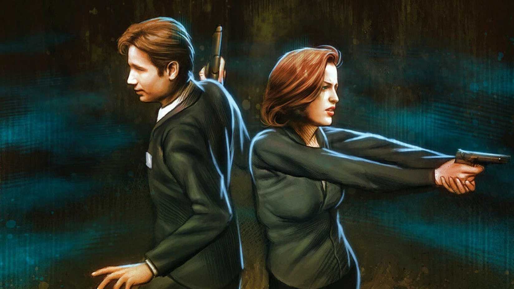 Mulder and Scully back to back, holding guns and looking concerned about an off-screen threat.