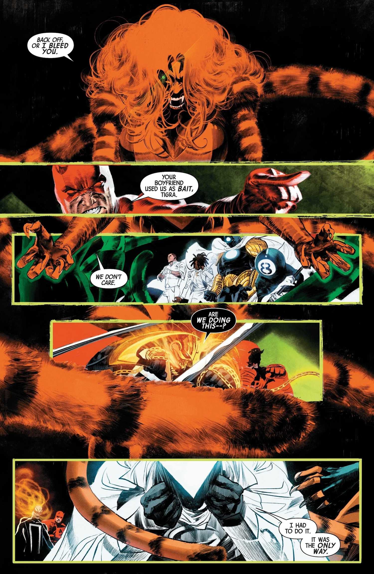 Tigra about to pick a fight with Daredevil to protect Moon Knight