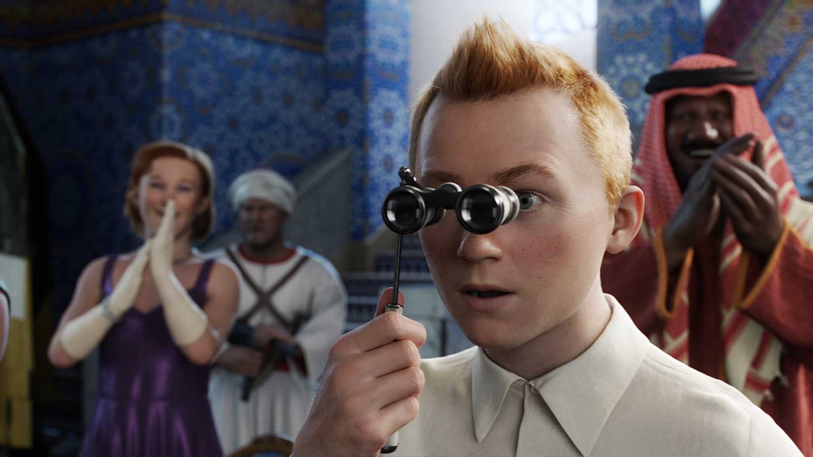 Tintin looking surprised through a pair of handheld binoculars in The Adventures of Tintin