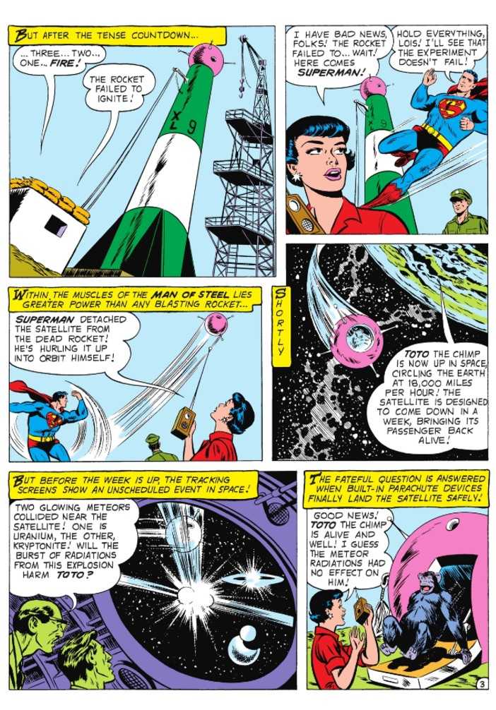 A paqge from Superman #127 showing Toto being shot into space and returning to Earth.