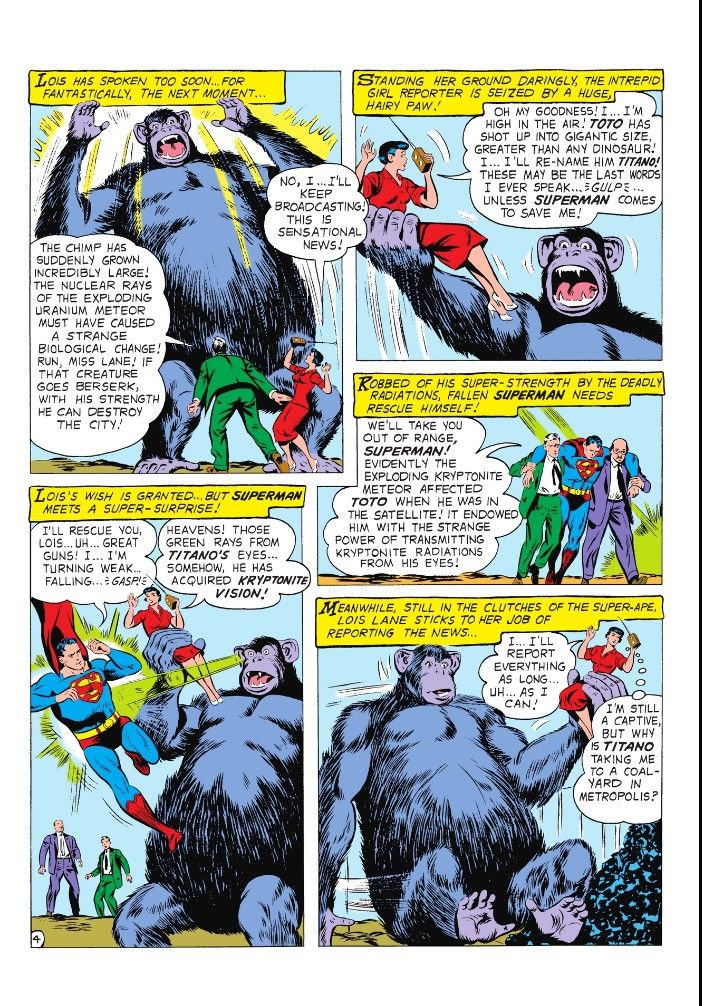A page from Superman #127 showing Toto turn into Titano and using his Kryptonite eye beams to hurt Superman.