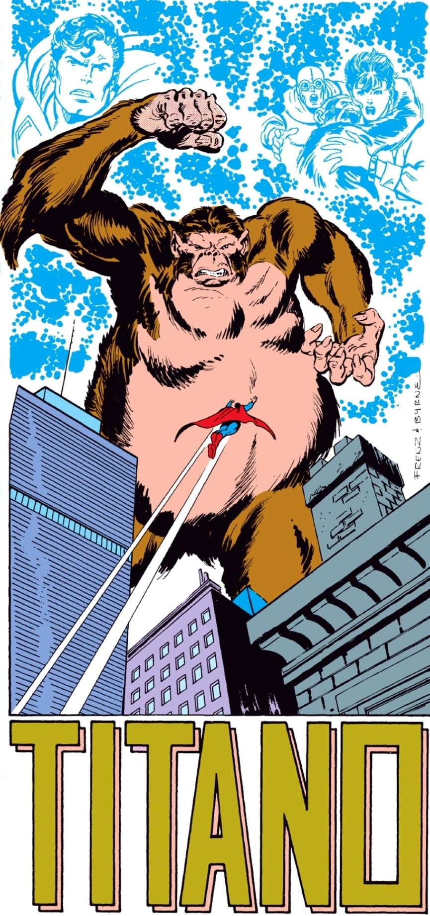 An image of Titano standing on top of buildings, fighting Superman.