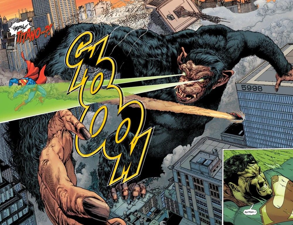 A panel showing a massive Titano blasting Superman with his Kryptonite vision.